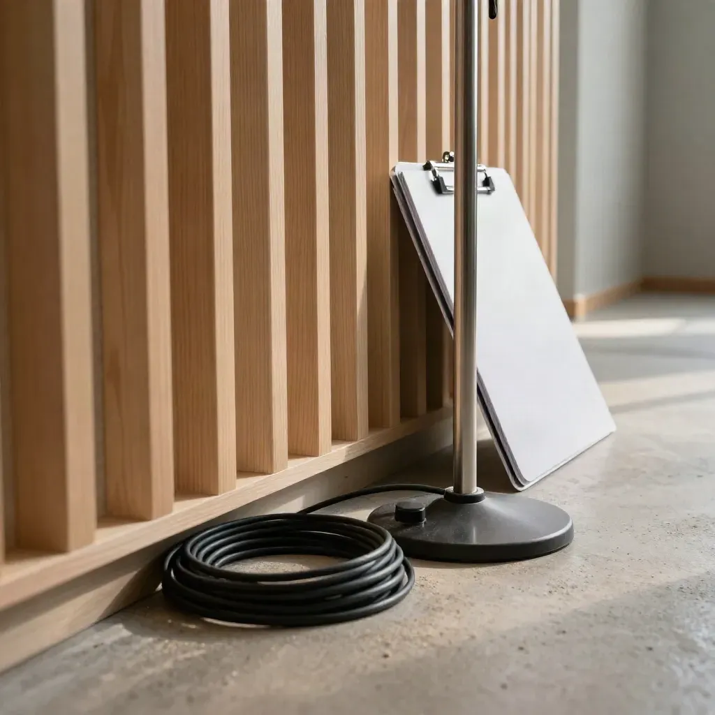 Soundproof corridor with slats, coiled cable, mic stand base and closed clip folder in dawn haze.