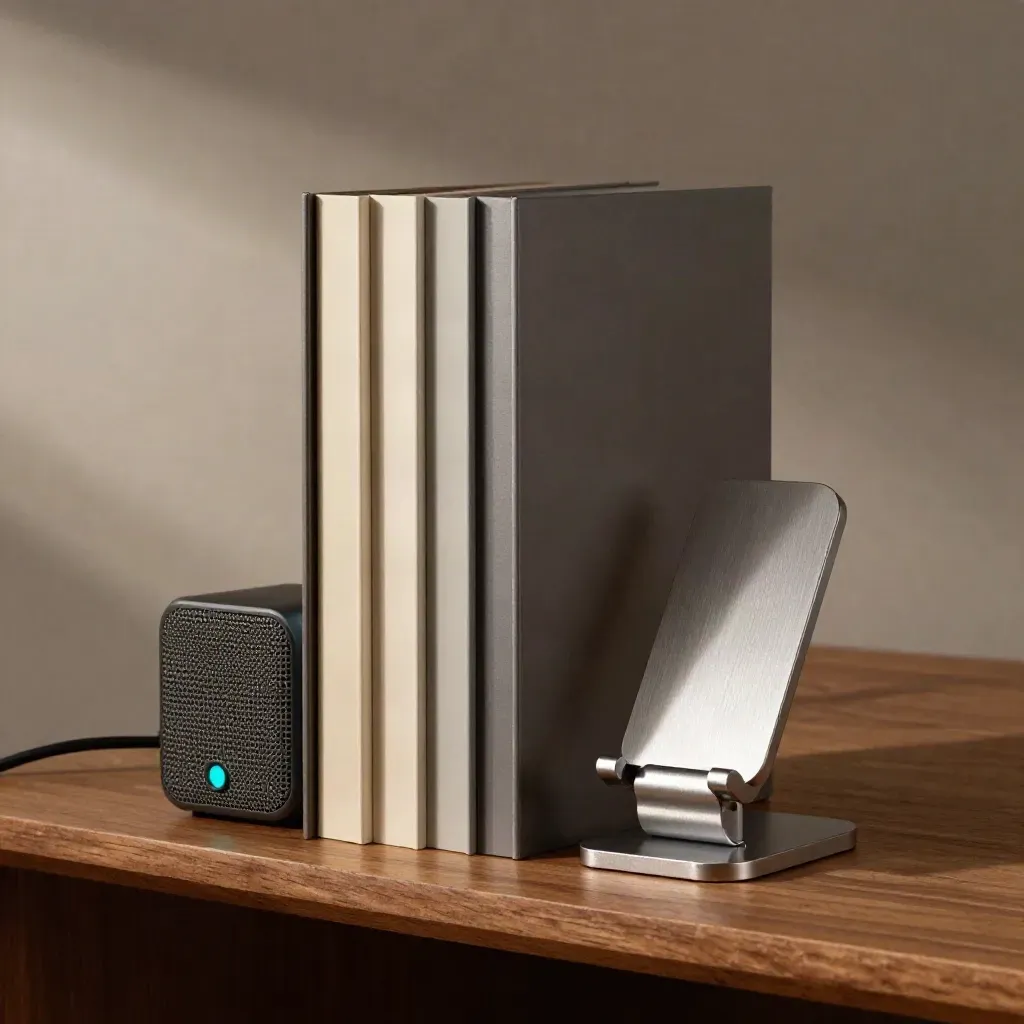 Stacked reel-edit frames, small speaker and turned phone stand on walnut with cyan glow.