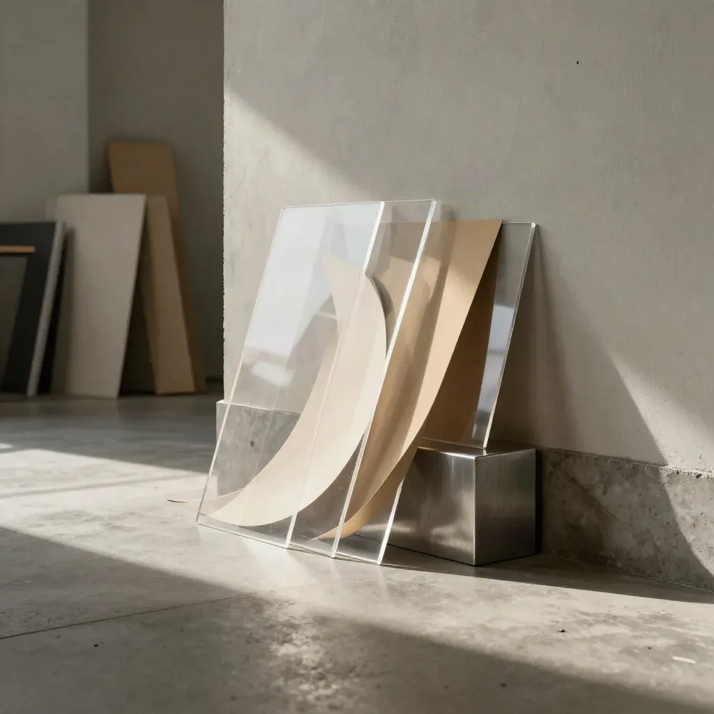Acrylic slashes, paper arcs, and a metal block catch moving light on concrete.