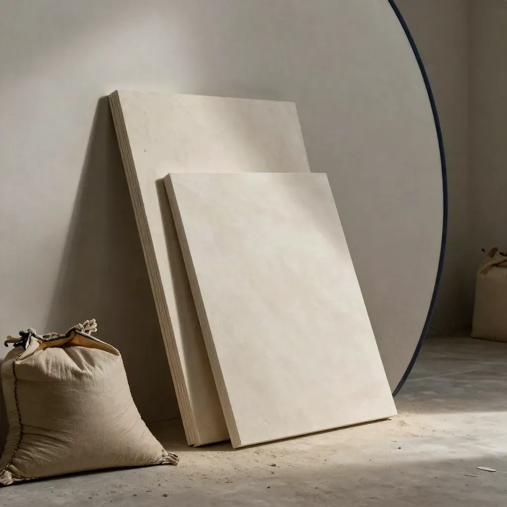 Plaster panels, curved backdrop, reflector, and sandbags in moody side light on a studio floor.