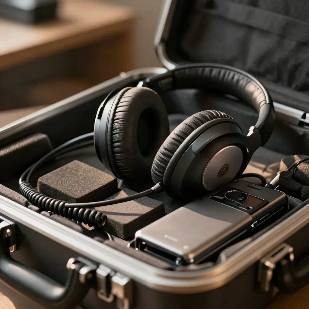 Macrofoto of packed podcast gear in a case, headphones, windscreen, foam pads, recorder