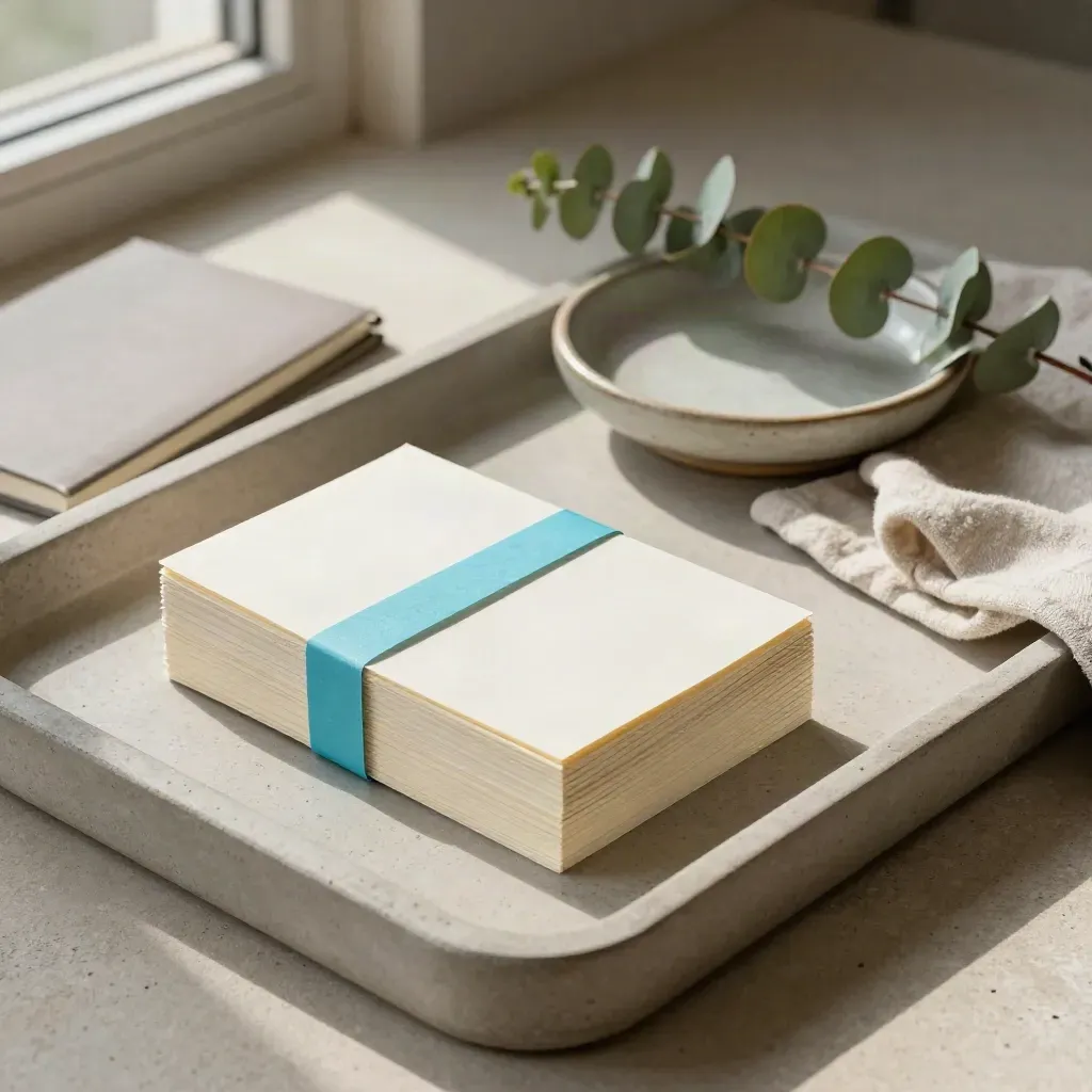 Tray still-life of cards, ceramic dish, face-down notepad and eucalyptus under soft window light.