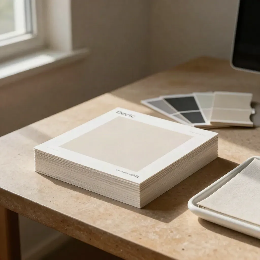 Stacked ad-frame cards, swatch fan, and folded folio on a plaster desk in soft side light.
