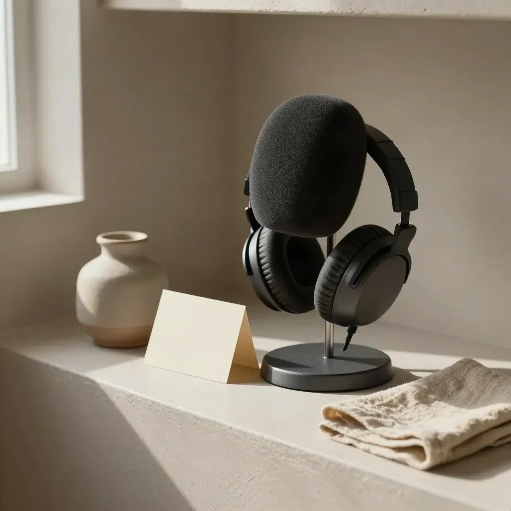 Podcast kit still life with windscreen, headphone stand, ceramic vessel and linen on plaster ledge